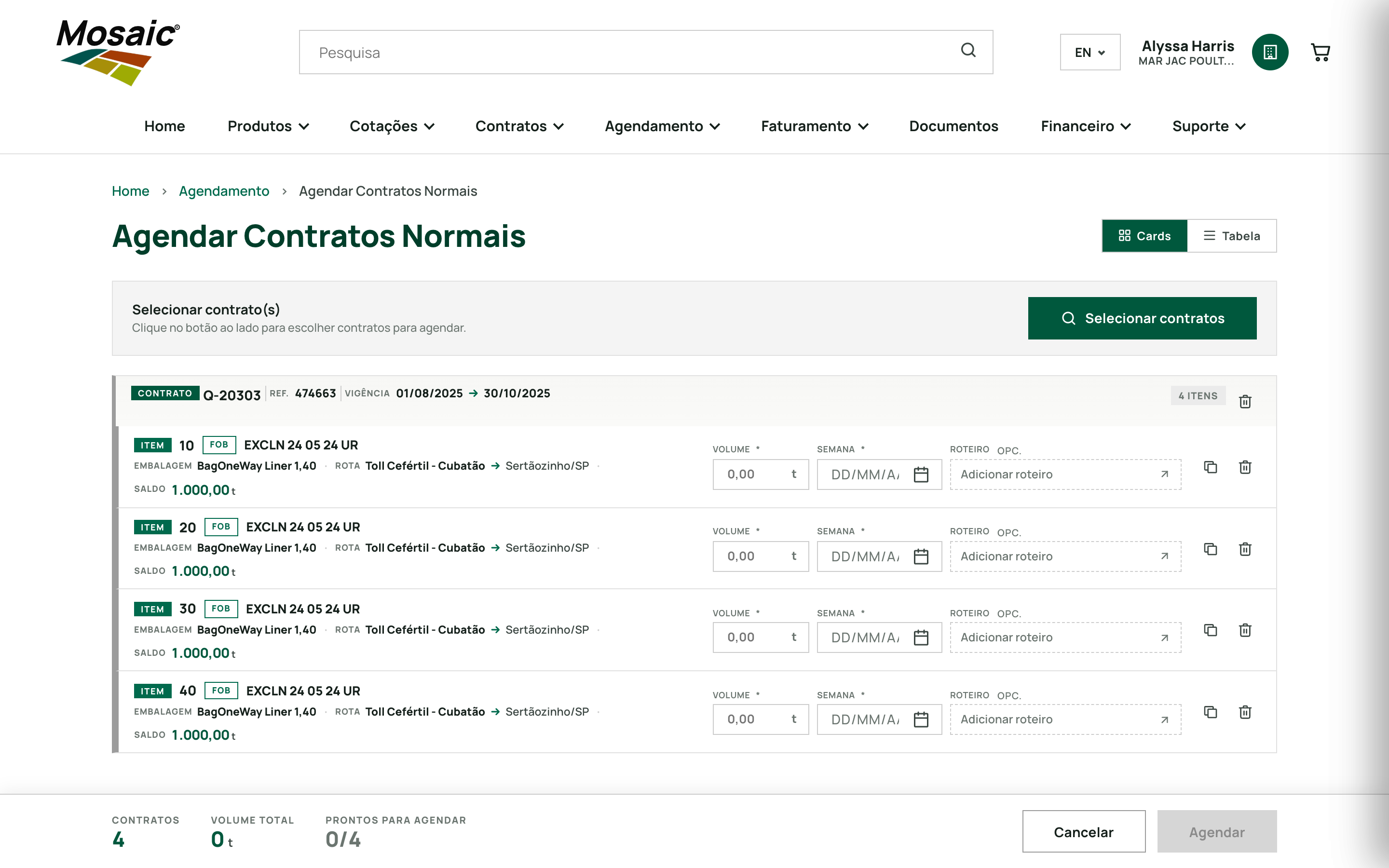 Tela preenchida — Agendar Contrato Normal